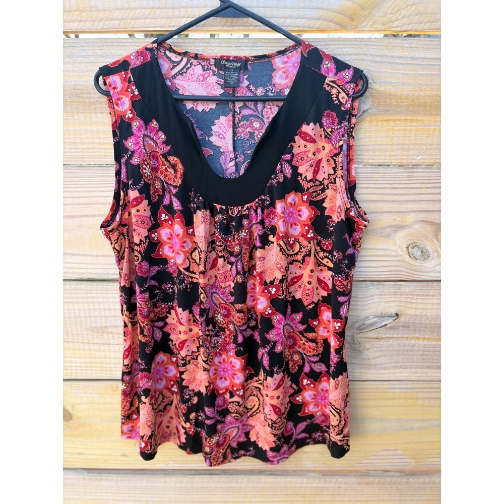 Olivia Paige Woman 1X Sleeveless Paisley V-Neck Knit Top Pink Orange Black
